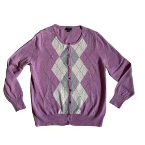 Talbots Womans Argyle 100% Italian Merino Jeweled Button Up Cardigan Purple 1X